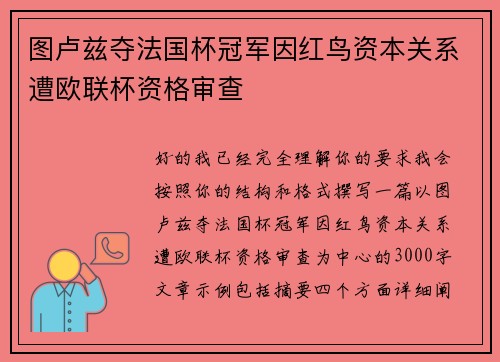 图卢兹夺法国杯冠军因红鸟资本关系遭欧联杯资格审查 图卢兹夺法国杯冠军因红鸟资本关系遭欧联杯资格审查